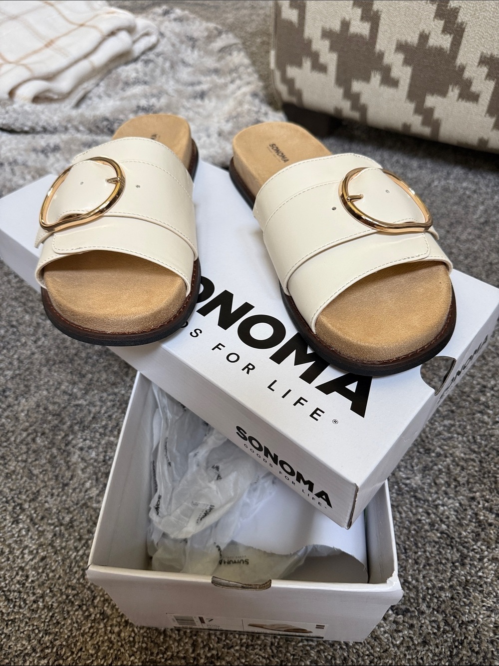Sonoma Cream Slide Sandals with Gold Accent Buckles